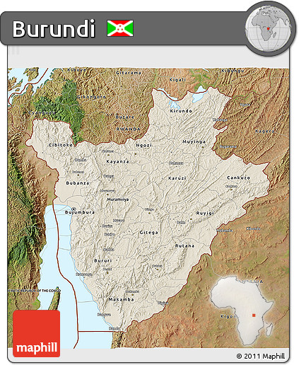 Shaded Relief 3D Map of Burundi, satellite outside, shaded relief sea