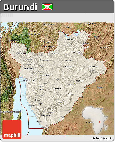 Shaded Relief 3D Map of Burundi, satellite outside, shaded relief sea