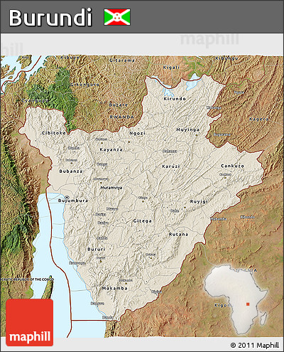 Shaded Relief 3D Map of Burundi, satellite outside, shaded relief sea