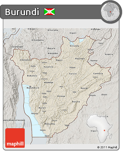 Shaded Relief 3D Map of Burundi, semi-desaturated, land only