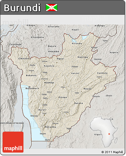 Shaded Relief 3D Map of Burundi, semi-desaturated, land only