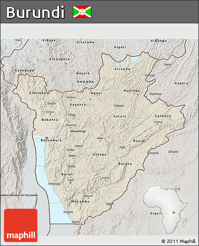 Shaded Relief 3D Map of Burundi, semi-desaturated, land only