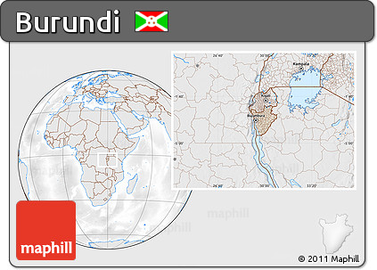 Shaded Relief Location Map of Burundi, lighten, desaturated