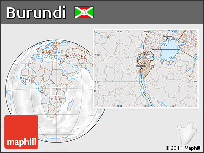 Shaded Relief Location Map of Burundi, lighten, desaturated