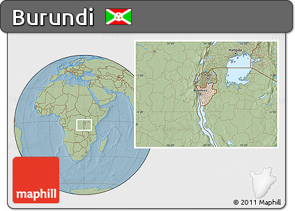 Shaded Relief Location Map of Burundi, savanna style outside, hill shading