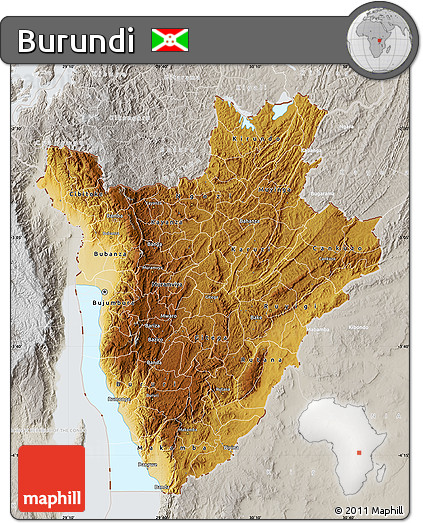 Physical Map of Burundi, lighten, semi-desaturated