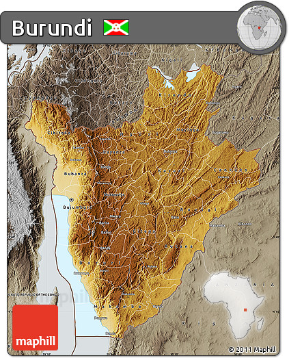Physical Map of Burundi, semi-desaturated