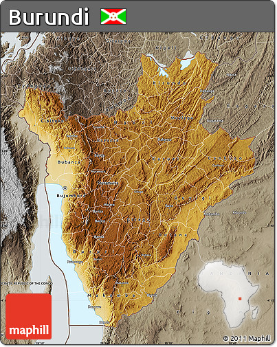 Physical Map of Burundi, semi-desaturated