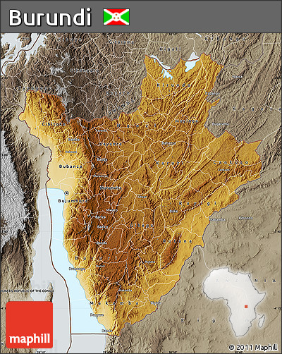 Physical Map of Burundi, semi-desaturated