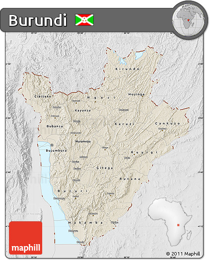 Shaded Relief Map of Burundi, lighten, desaturated