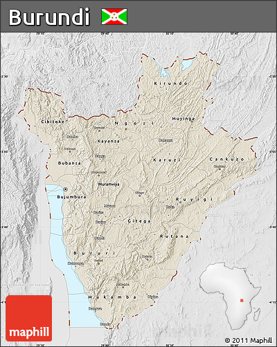 Shaded Relief Map of Burundi, lighten, desaturated