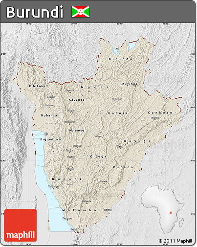 Shaded Relief Map of Burundi, lighten, desaturated