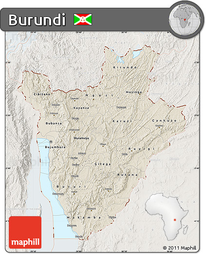 Shaded Relief Map of Burundi, lighten