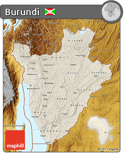 Shaded Relief Map of Burundi, physical outside