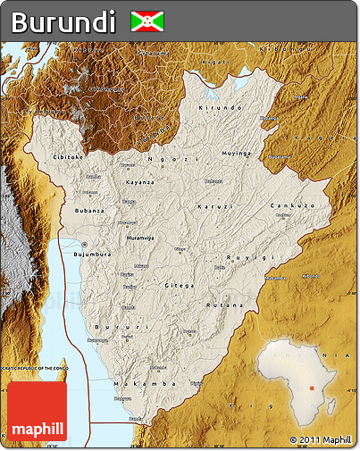 Shaded Relief Map of Burundi, physical outside