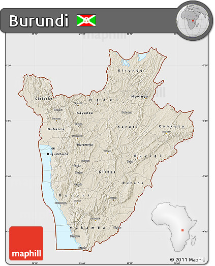 Shaded Relief Map of Burundi, single color outside