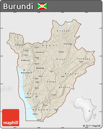 Shaded Relief Map of Burundi, single color outside