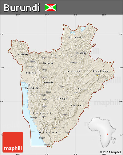 Shaded Relief Map of Burundi, single color outside