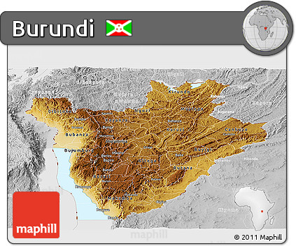 Physical Panoramic Map of Burundi, lighten, desaturated, land only