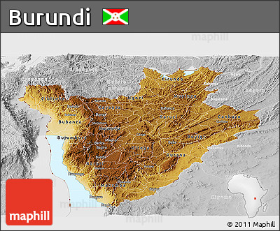 Physical Panoramic Map of Burundi, lighten, desaturated, land only