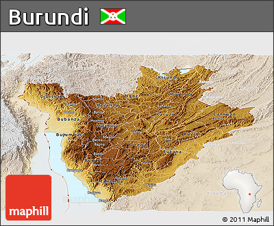 Physical Panoramic Map of Burundi, lighten, land only