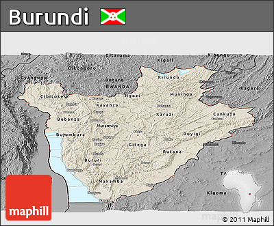 Shaded Relief Panoramic Map of Burundi, darken, desaturated
