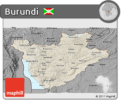 Shaded Relief Panoramic Map of Burundi, darken, desaturated