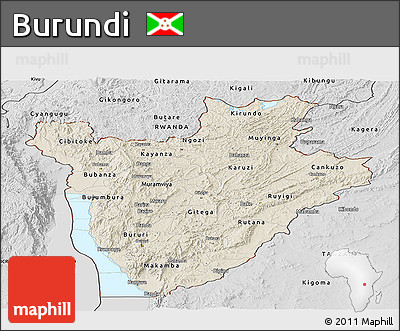 Shaded Relief Panoramic Map of Burundi, desaturated