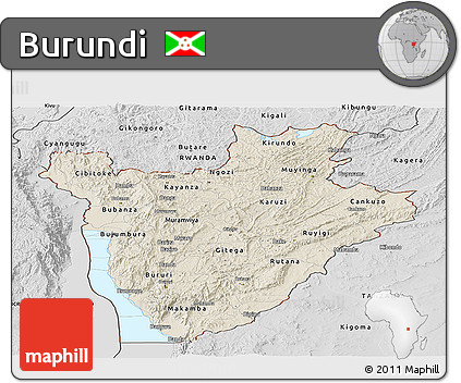 Shaded Relief Panoramic Map of Burundi, desaturated