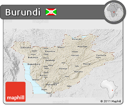 Shaded Relief Panoramic Map of Burundi, lighten, desaturated