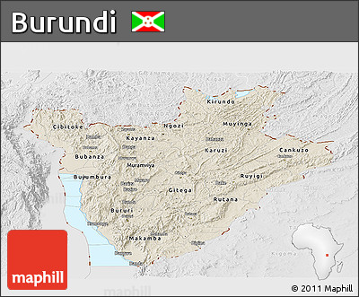 Shaded Relief Panoramic Map of Burundi, lighten, desaturated