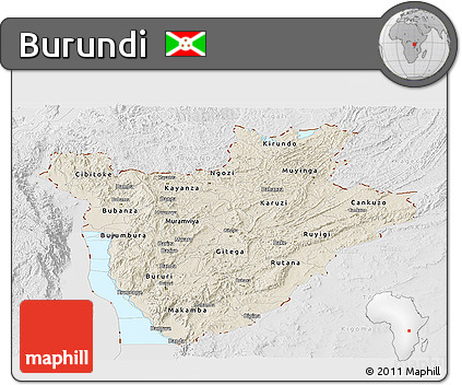 Shaded Relief Panoramic Map of Burundi, lighten, desaturated, land only