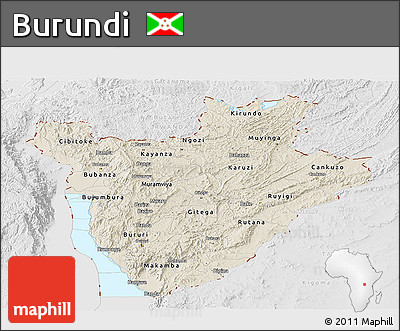 Shaded Relief Panoramic Map of Burundi, lighten, desaturated, land only