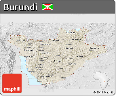 Shaded Relief Panoramic Map of Burundi, lighten, desaturated, land only