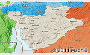 Shaded Relief Panoramic Map of Burundi, political shades outside