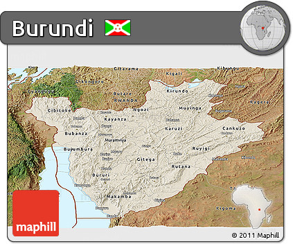 Shaded Relief Panoramic Map of Burundi, satellite outside, shaded relief sea