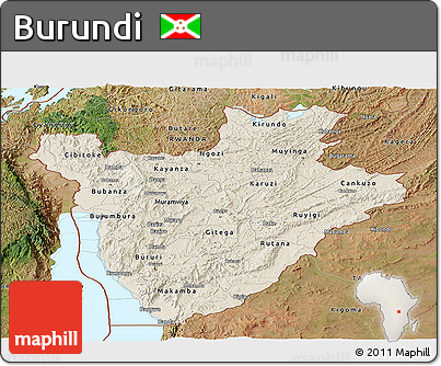 Shaded Relief Panoramic Map of Burundi, satellite outside, shaded relief sea