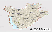 Shaded Relief Panoramic Map of Burundi, single color outside, bathymetry sea, shaded relief sea