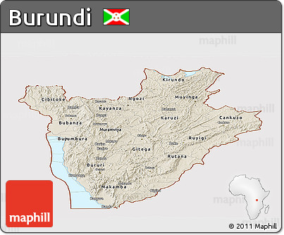 Shaded Relief Panoramic Map of Burundi, single color outside