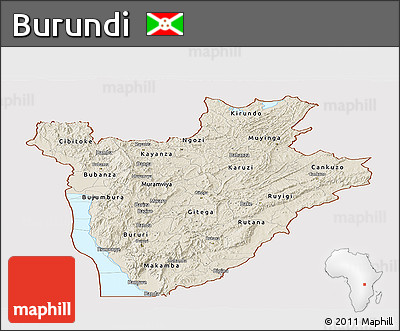 Shaded Relief Panoramic Map of Burundi, single color outside