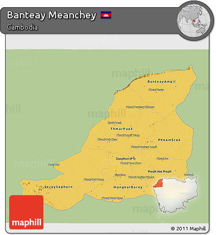 Savanna Style 3D Map of Banteay Meanchey, single color outside