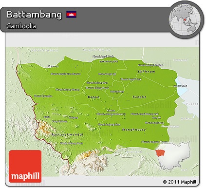 Physical 3D Map of Battambang, lighten