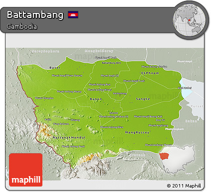 Physical 3D Map of Battambang, lighten, semi-desaturated