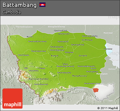 Physical 3D Map of Battambang, lighten, semi-desaturated