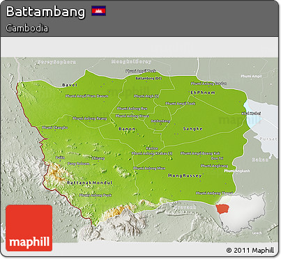 Physical 3D Map of Battambang, lighten, semi-desaturated