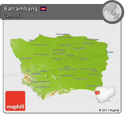 Physical 3D Map of Battambang, single color outside