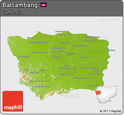 Physical 3D Map of Battambang, single color outside
