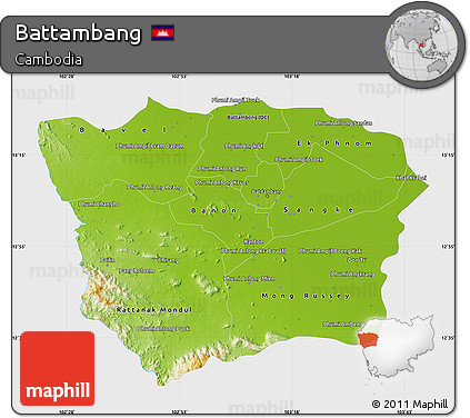 Physical Map of Battambang, single color outside