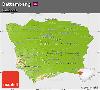 Physical Map of Battambang, single color outside