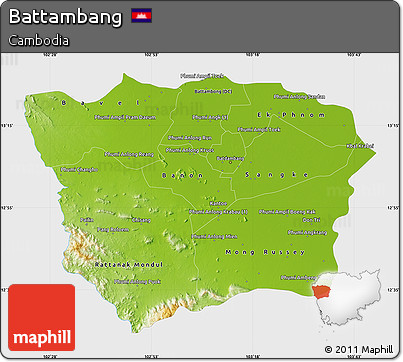 Physical Map of Battambang, single color outside